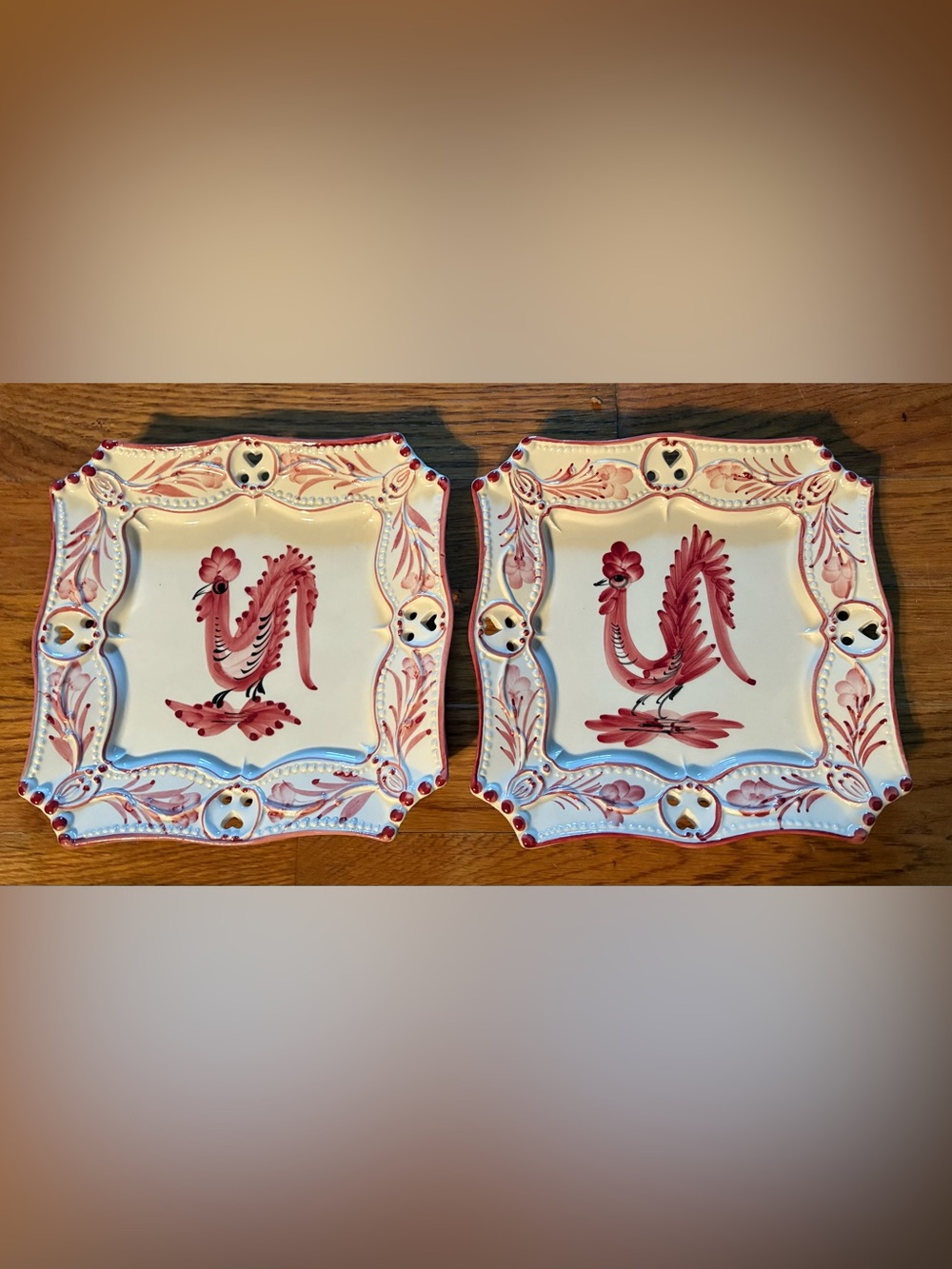 Portugal Majolica Pottery Red Rooster Square Serving Plates Hand-painted